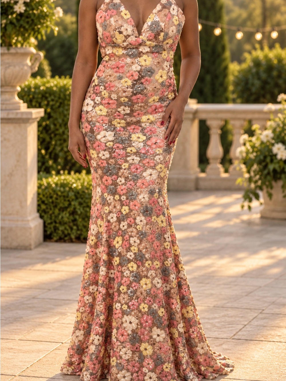 Jovani Pink & Cream Floral Sequin V-Neck Maxi Gown